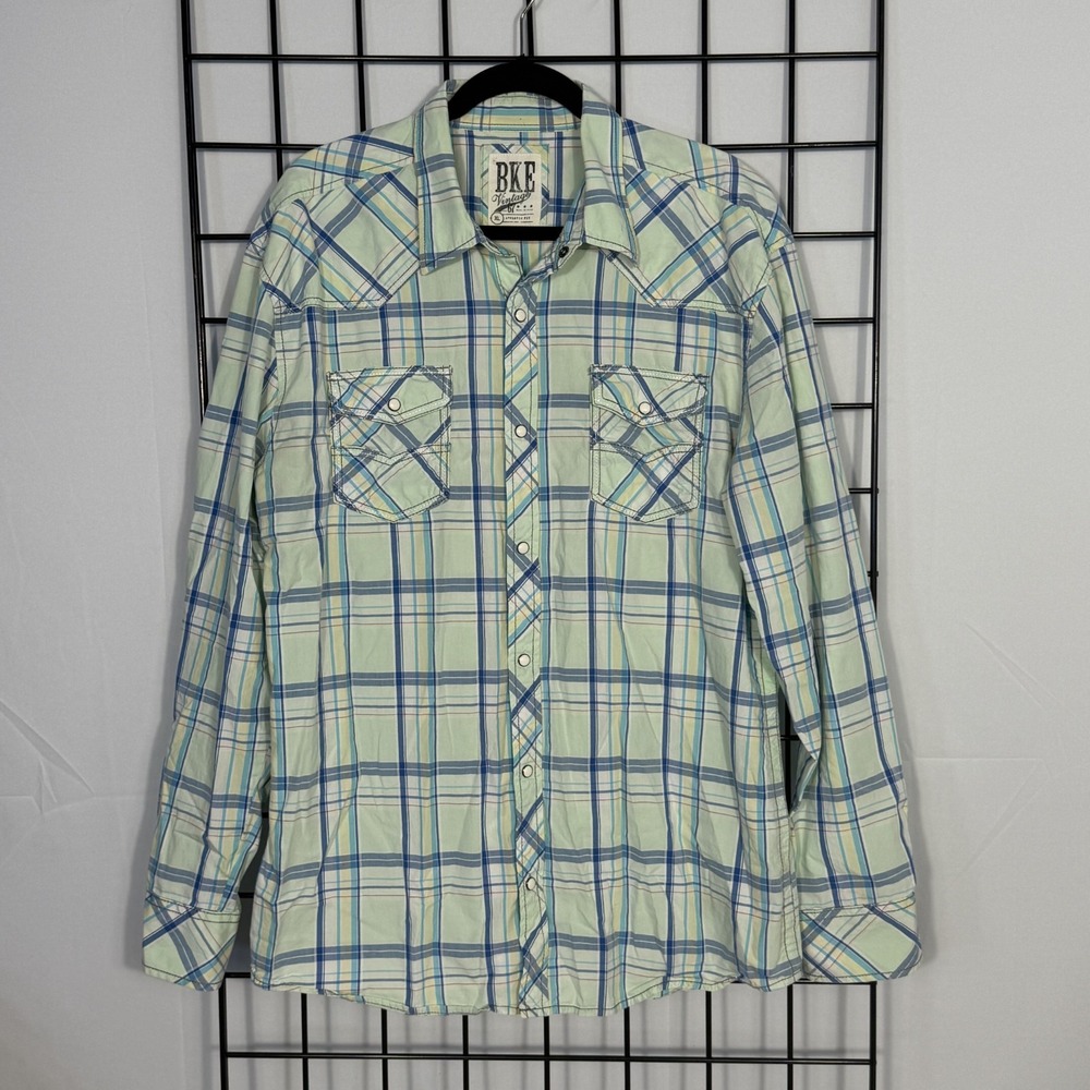 Buckle Vintage Pearl Snap Shirt Mens XL Green Plaid Athletic Fit Western Casual